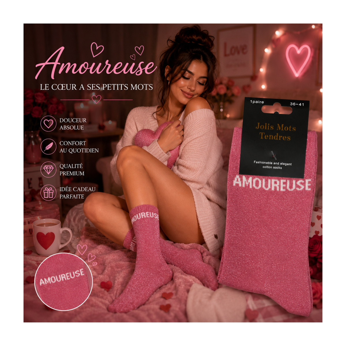 💗 Chaussettes « Amoureuse » Roses – Jolis Mots Tendres ( taille 36-41)