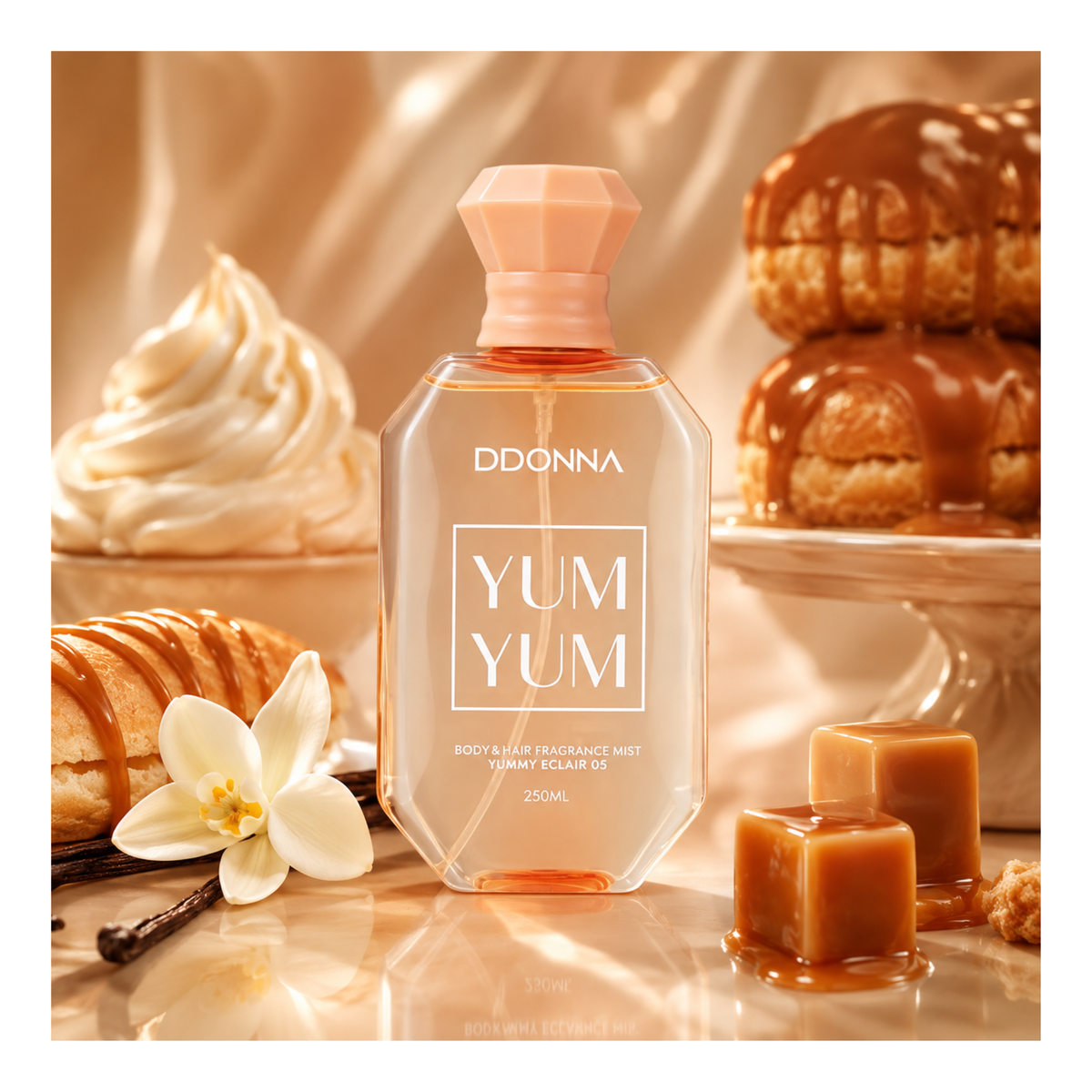 🍮🥛 Yum Yum Éclair – Brume Parfumée Corps & Cheveux 250 ml – D’Donna ✨🤎