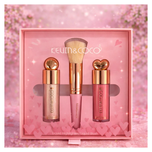 💋Coffret pink champagne Glow / Highlighter Liquide & Blush Liquide avec Pinceau – kc01 -Kevin & Coco