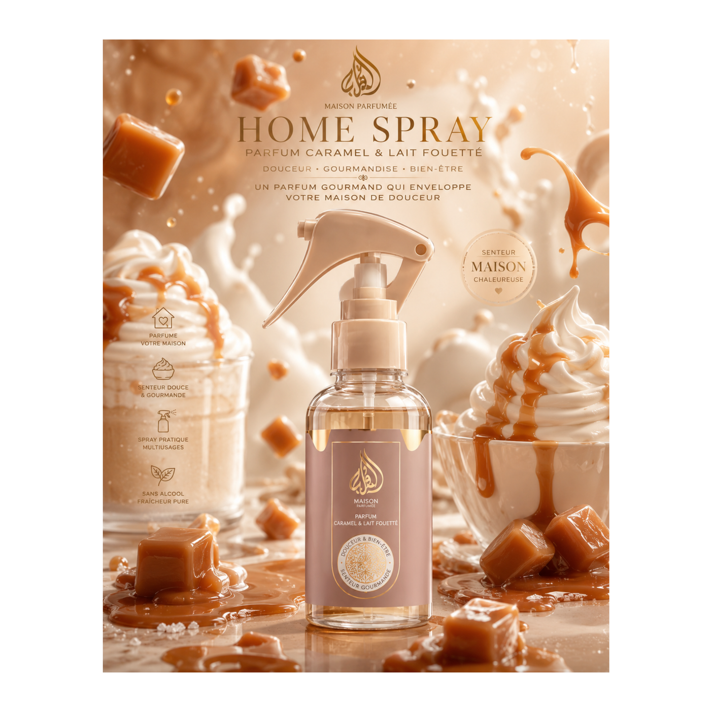 🍮 Spray Fraîcheur Maison & Tissus Gourmand (senteur crème vanille caramel ) D’Donna – 120 ml