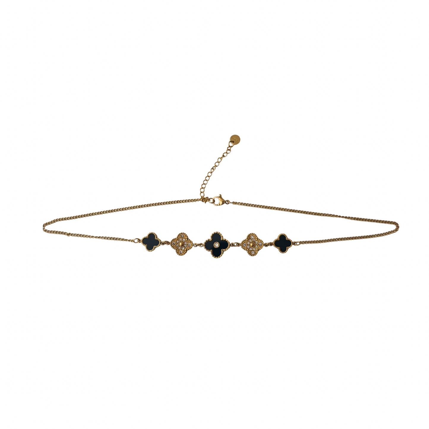 🖤 Collier Trèfle Noir & Or Strass – Acier Inoxydable Doré