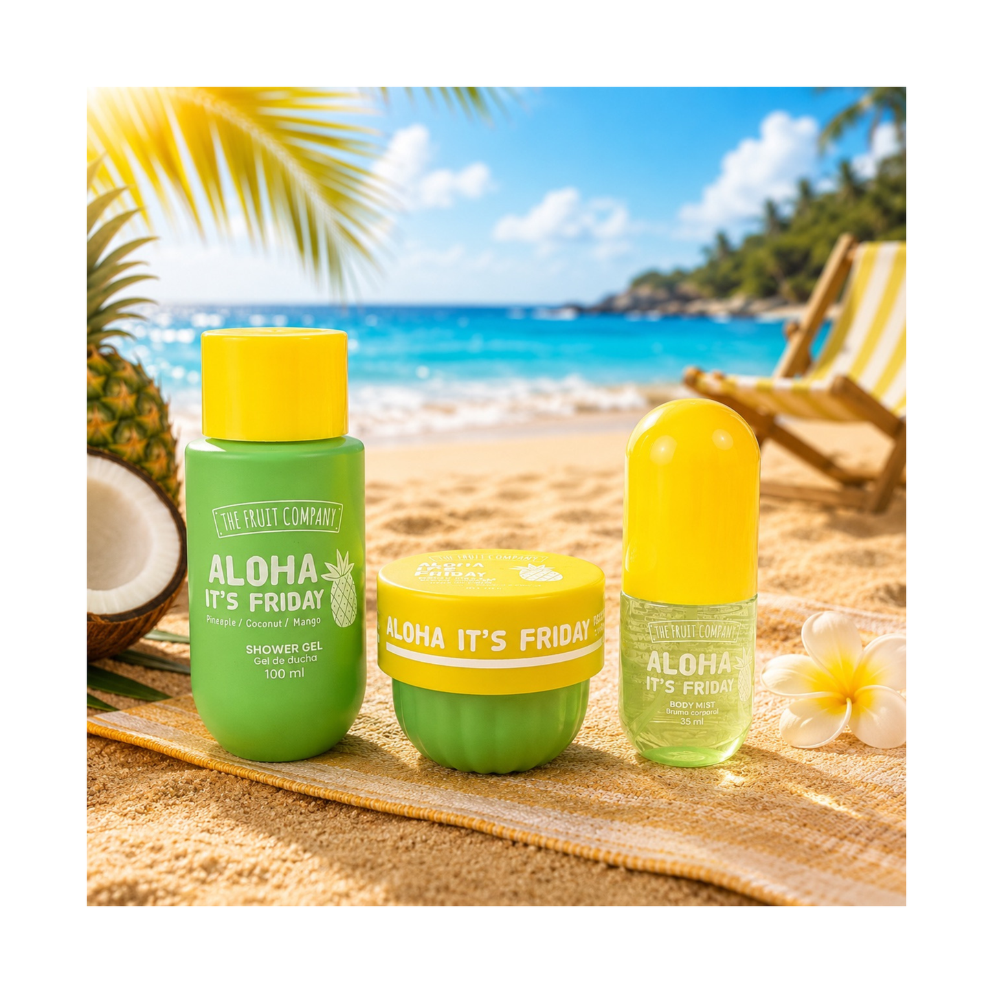🌺 Précommande – Travel Bag The Fruit Company – Aloha It’s Friday ☀️ Vanille • Ananas • Coco (3 pièces )