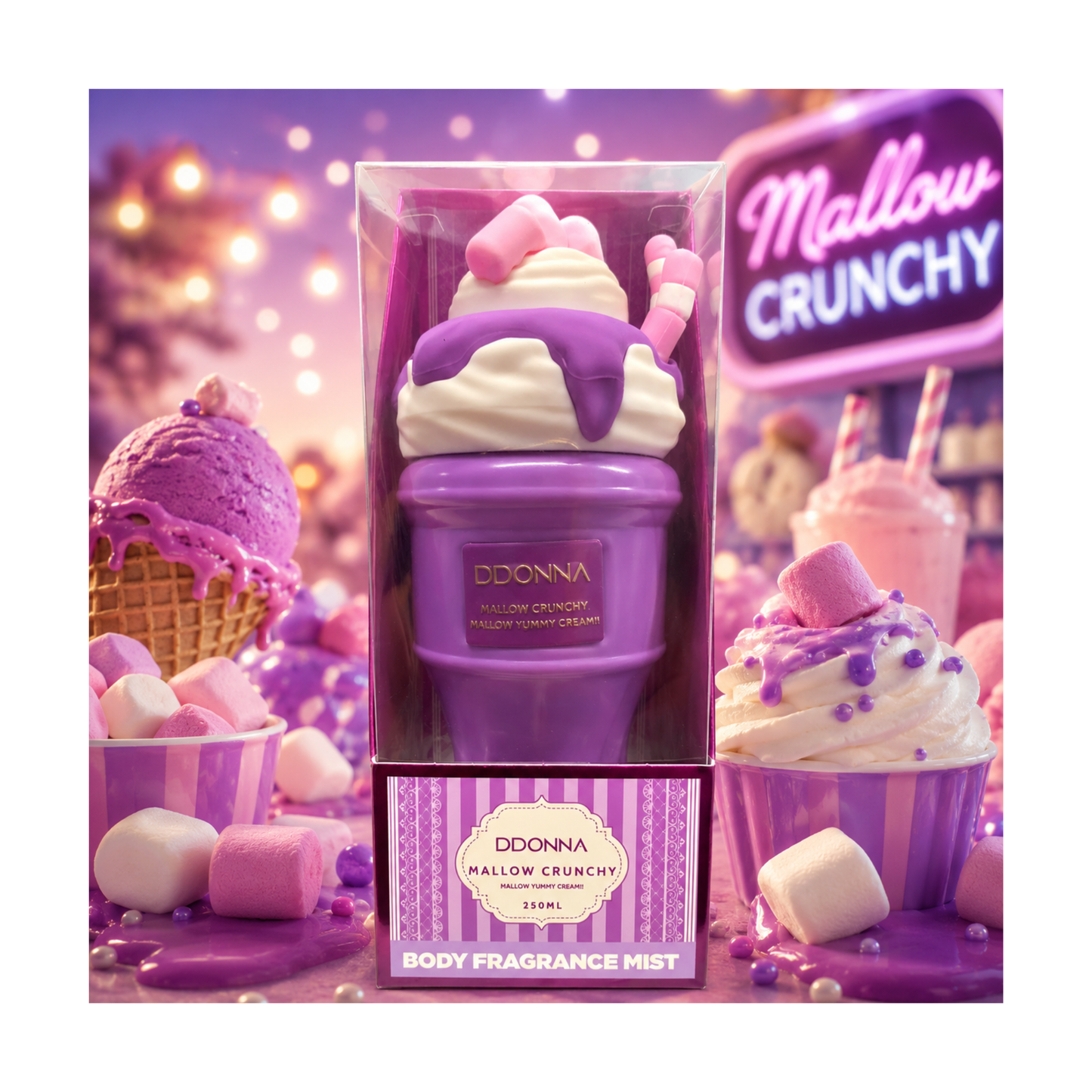 🍬 Brume Corps & Cheveux Mallow Crunchy – Gamme Yummy Cream – D’Donna – 250 ml