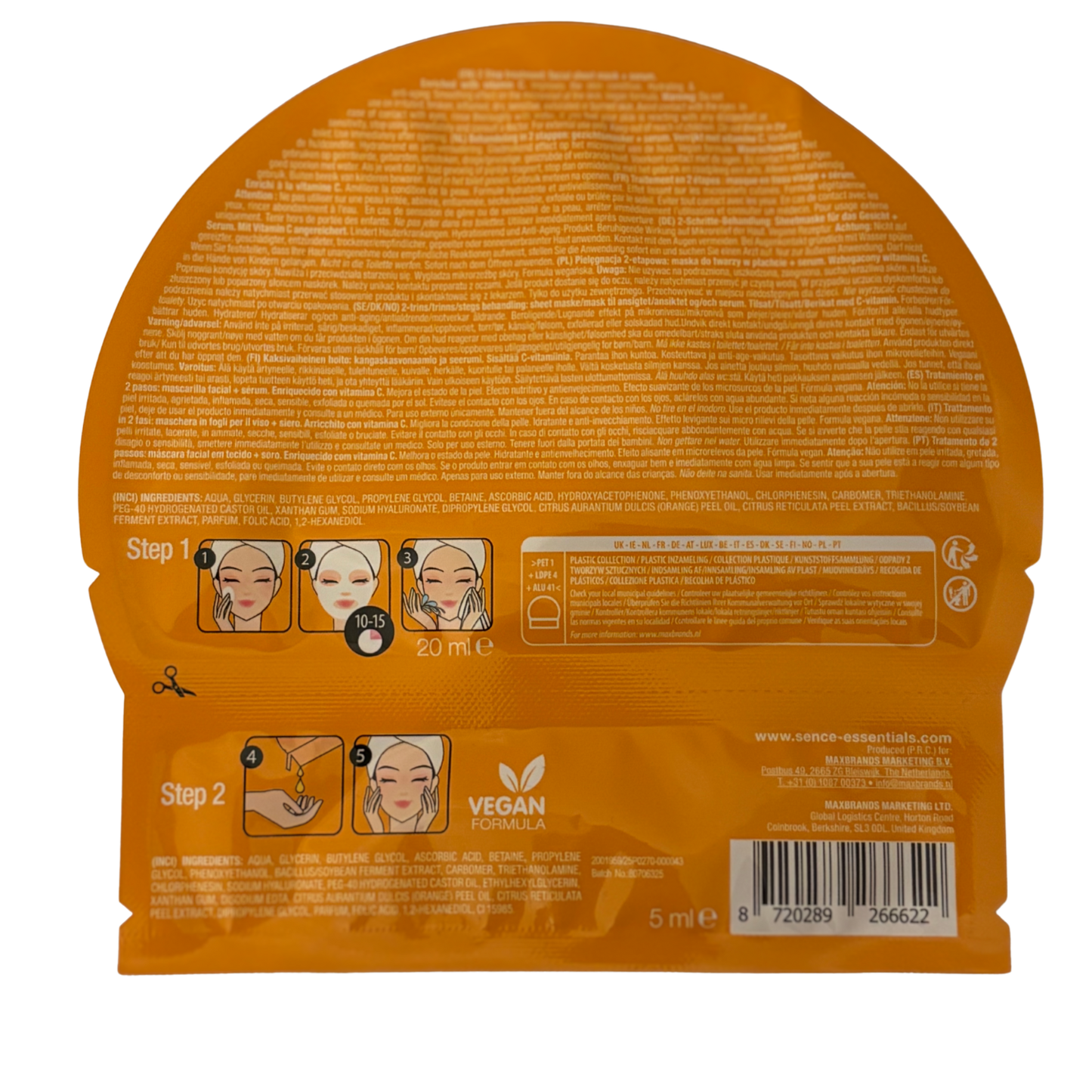 Masque en tissu pour visage  (200ml)+ 1 dose de sérum à la vitamine C (5ml) – Sence - vegan