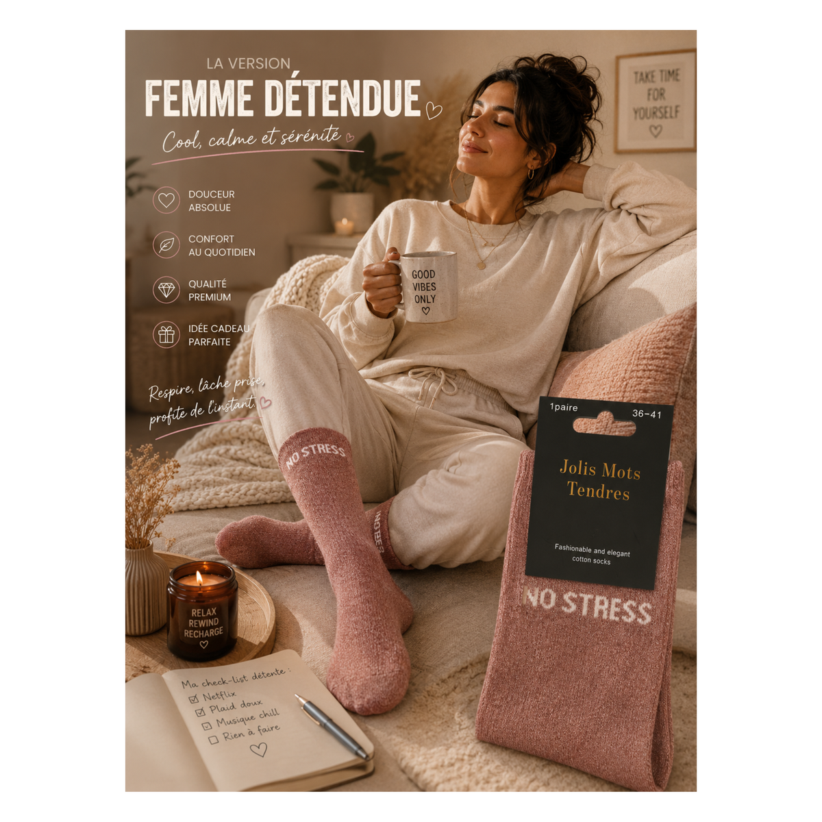 🩷✨ Chaussettes « No Stress » Rose Clair Pailletées – Jolis Mots Tendres (taille 36 -41)
