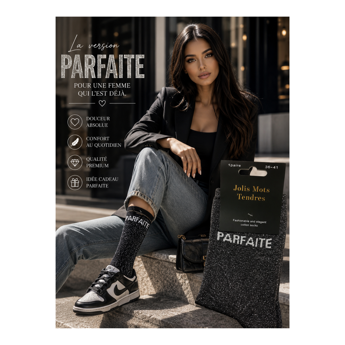 🖤✨ Chaussettes « Parfaite » Noires – Jolis Mots Tendres -(taille 36-41)