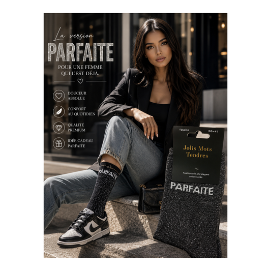 🖤✨ Chaussettes « Parfaite » Noires – Jolis Mots Tendres -(taille 36-41)