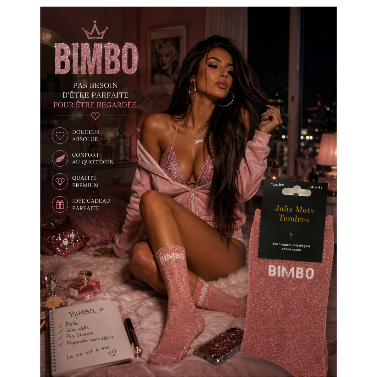 💕🧦 Chaussettes « Bimbo » Roses – Jolis Mots Tendres ( taille 36-41) 🎀
