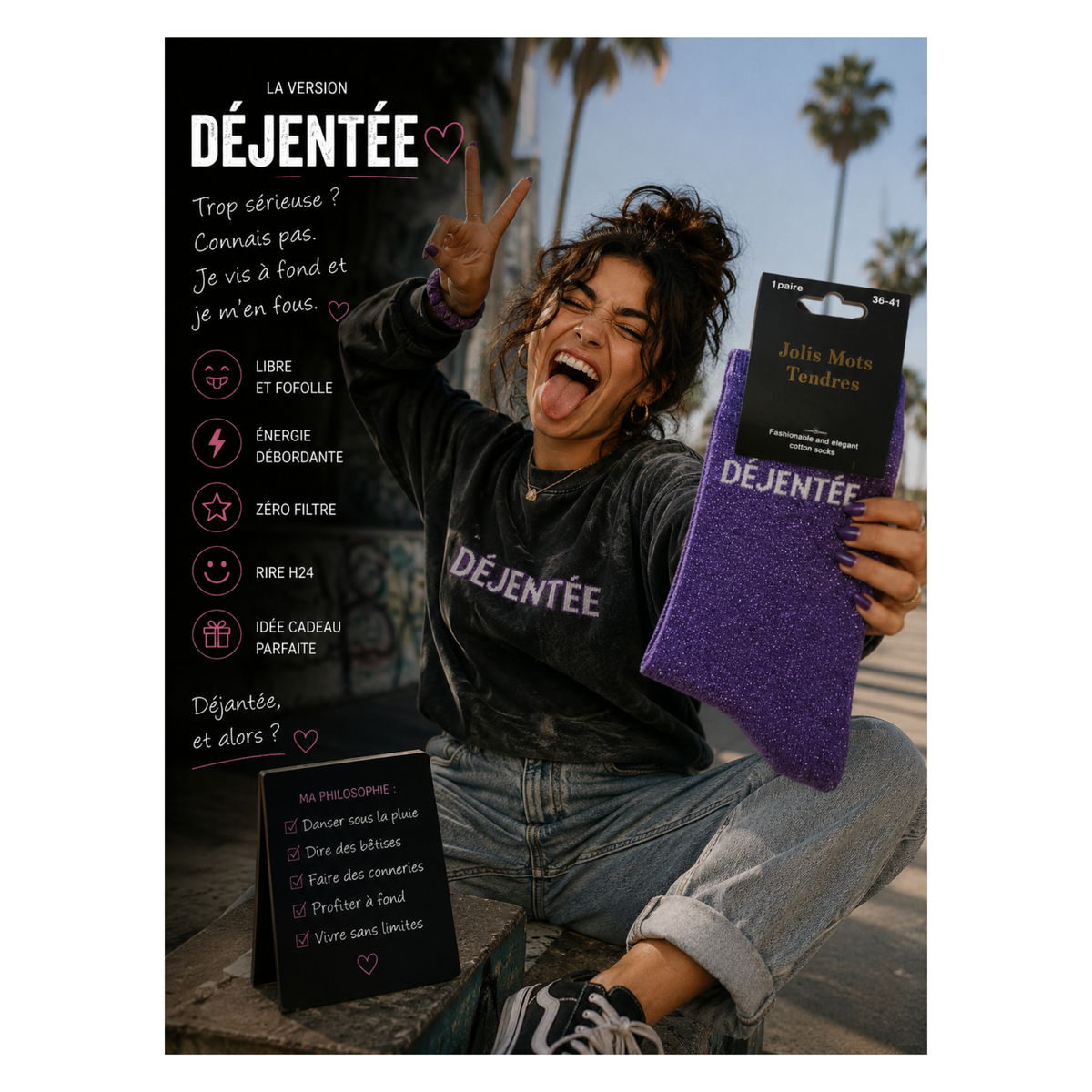 💜 Chaussettes « Déjantée » Pailletées Violettes – Taille 36/41 – Jolis Mots Tendres