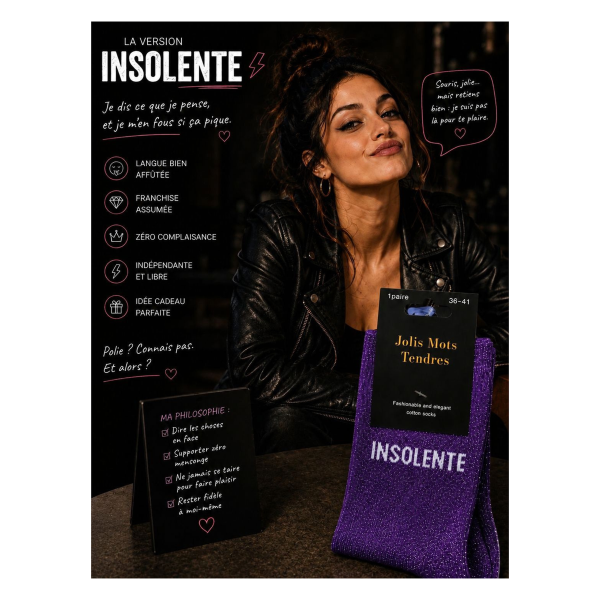 💜✨ Chaussettes « Insolente » Violettes Pailletées – Taille 36/41 – Jolis Mots Tendres