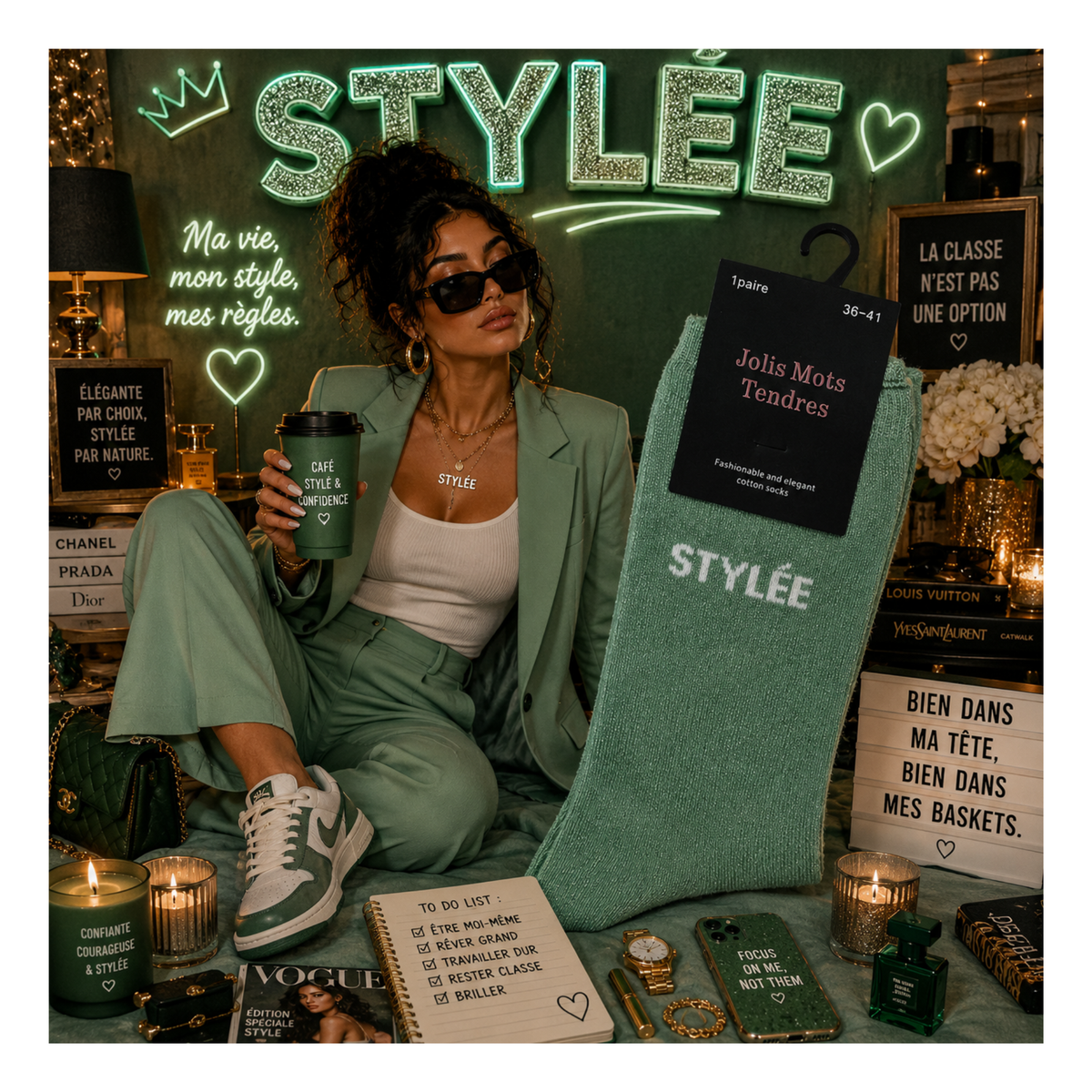 💚Chaussettes « Stylée » Vert d’Eau Pailletées – Taille 36/41