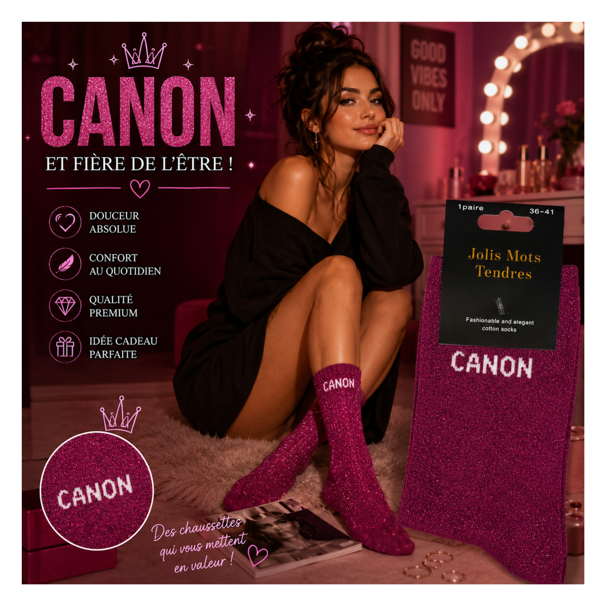 💖✨ Chaussettes « CANON » Rose Fuchsia Pailletées – Taille 36/41