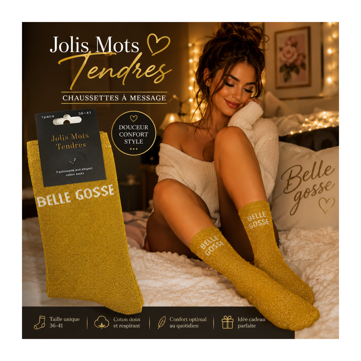 ✨ Chaussettes « Belle Gosse » Or Pailletées – Jolis Mots Tendres – Taille 36/41 ✨