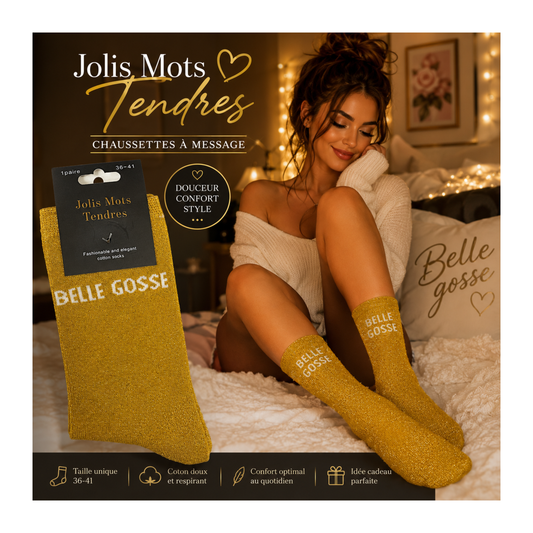 ✨ Chaussettes « Belle Gosse » Or Pailletées – Jolis Mots Tendres – Taille 36/41 ✨