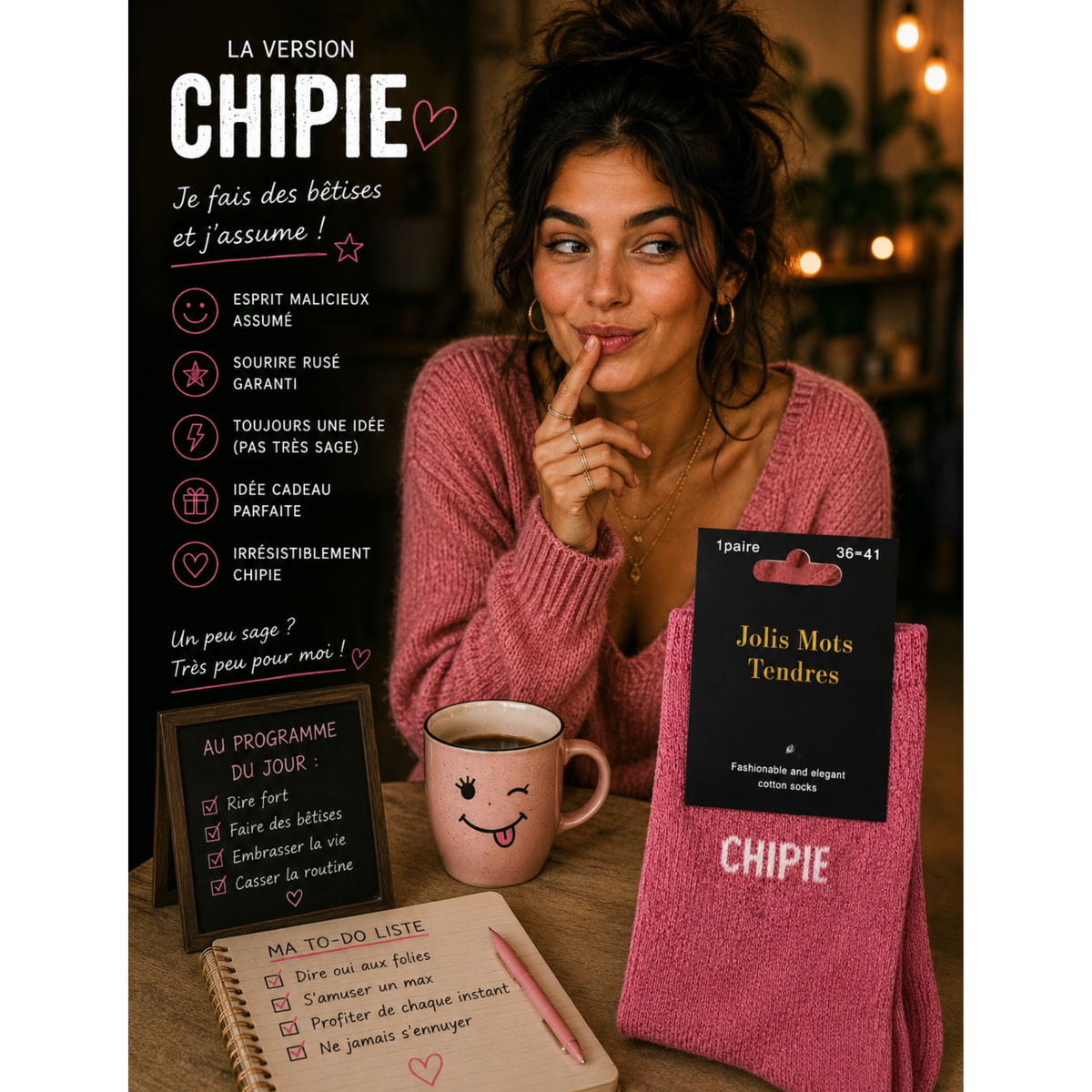 Chaussettes “Chipie” Rose Pailleté – Taille 36/41 💗✨