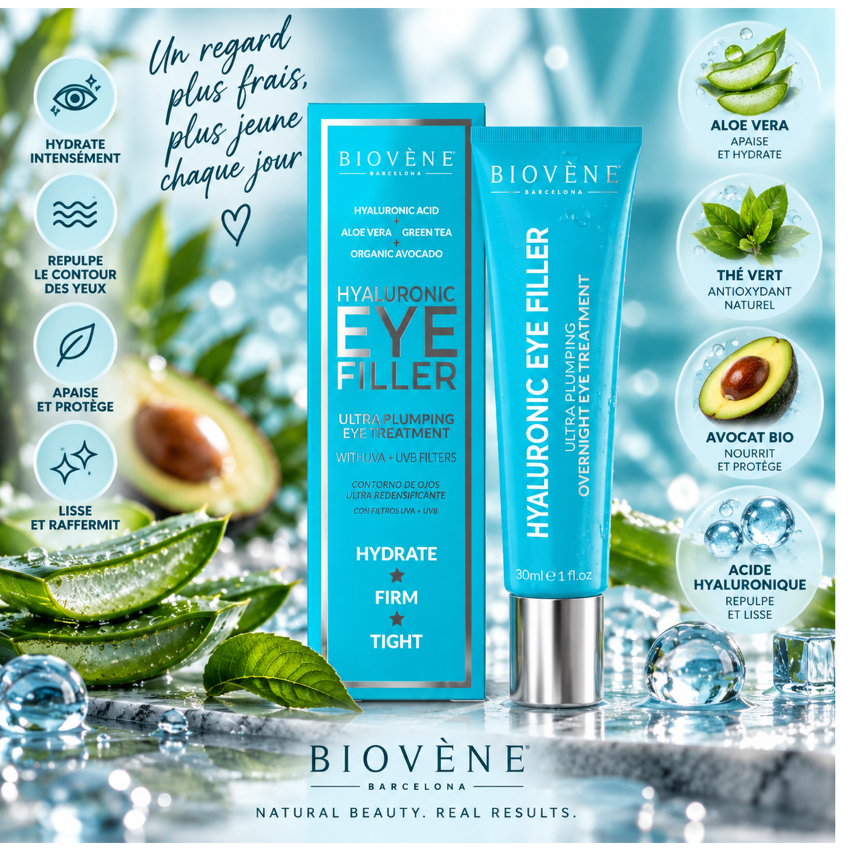 👁️ Hyaluronic Eye Filler – Biovène Barcelona – Soin contour des yeux 30 ml