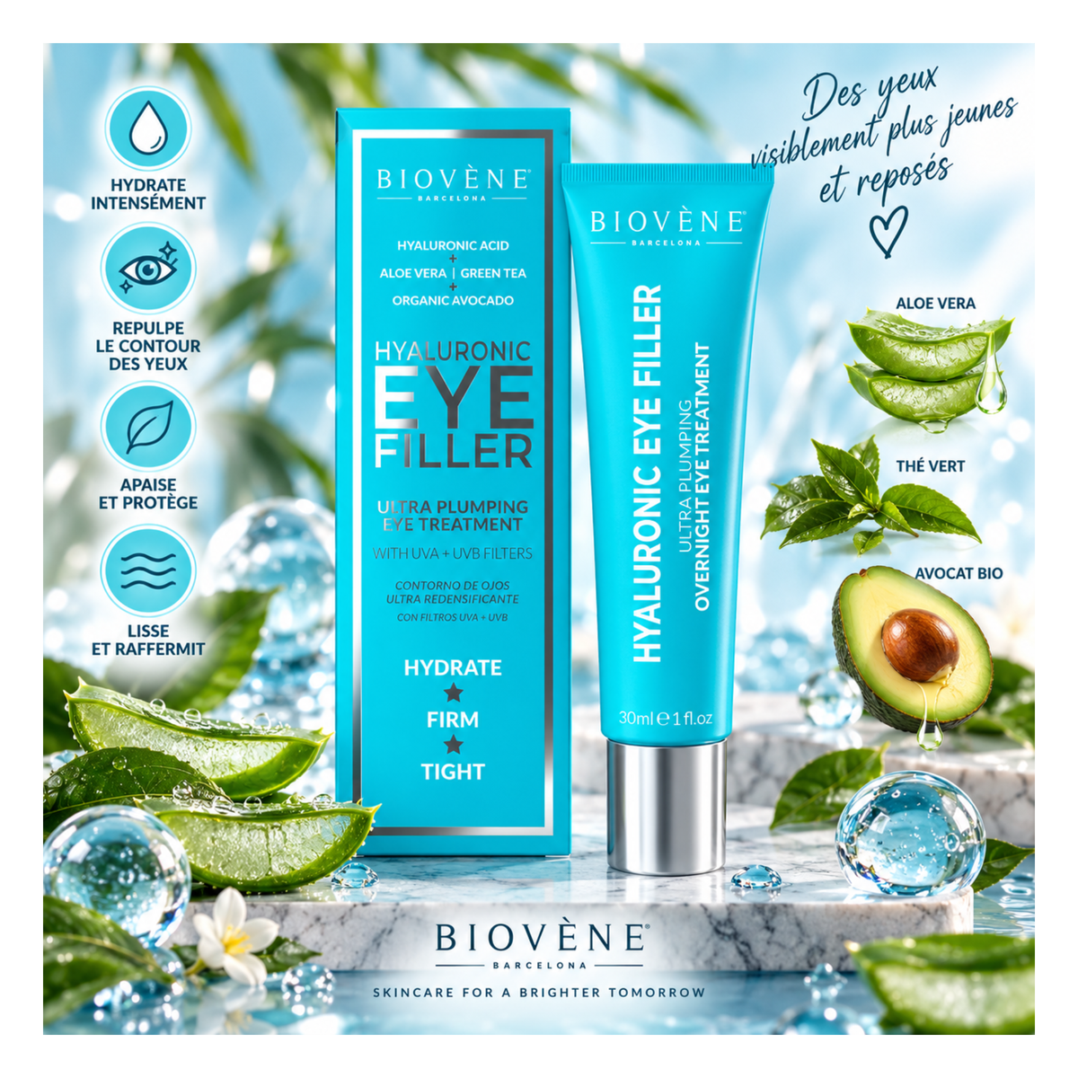 👁️ Hyaluronic Eye Filler – Biovène Barcelona – Soin contour des yeux 30 ml