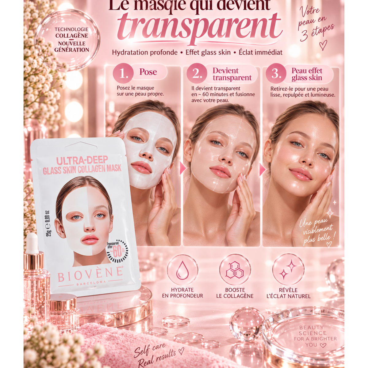 ✨ 💓Ultra-Deep Glass Skin Collagen Mask – Biovène Barcelona – 1 utilisation🌸