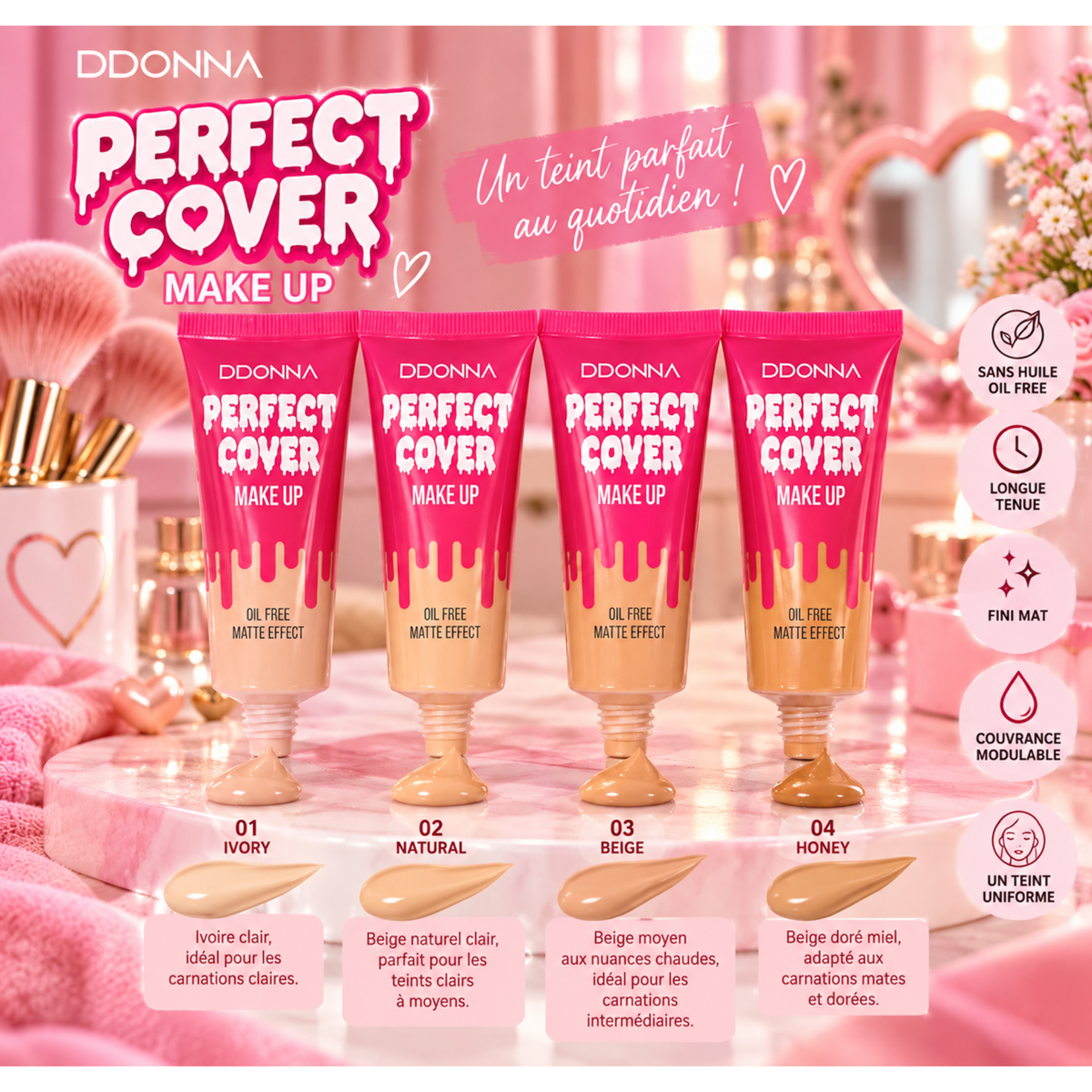 💗 Fond de Teint Perfect Cover Make Up – Fini Mat & Oil Free – D’Donna