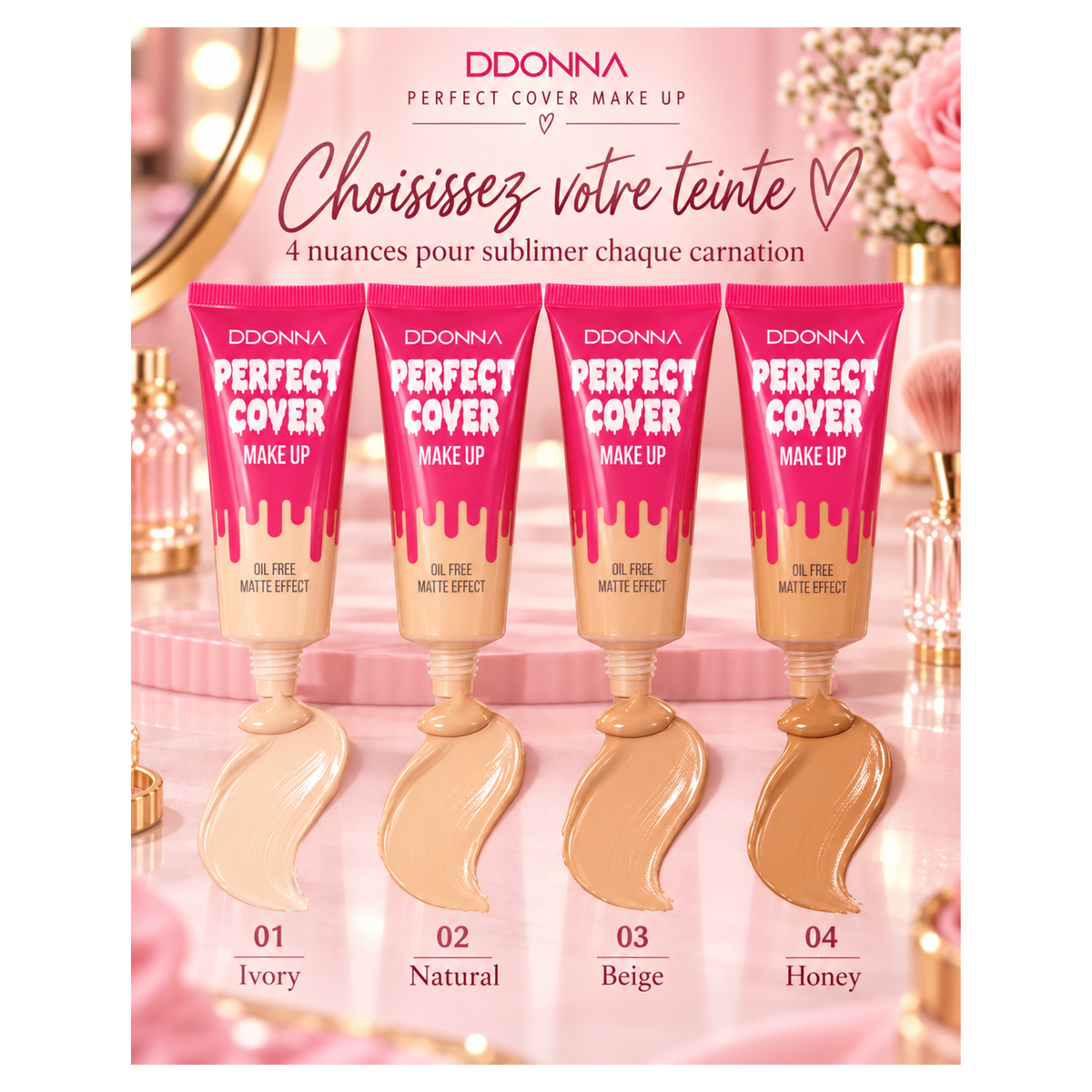 💗 Fond de Teint Perfect Cover Make Up – Fini Mat & Oil Free – D’Donna
