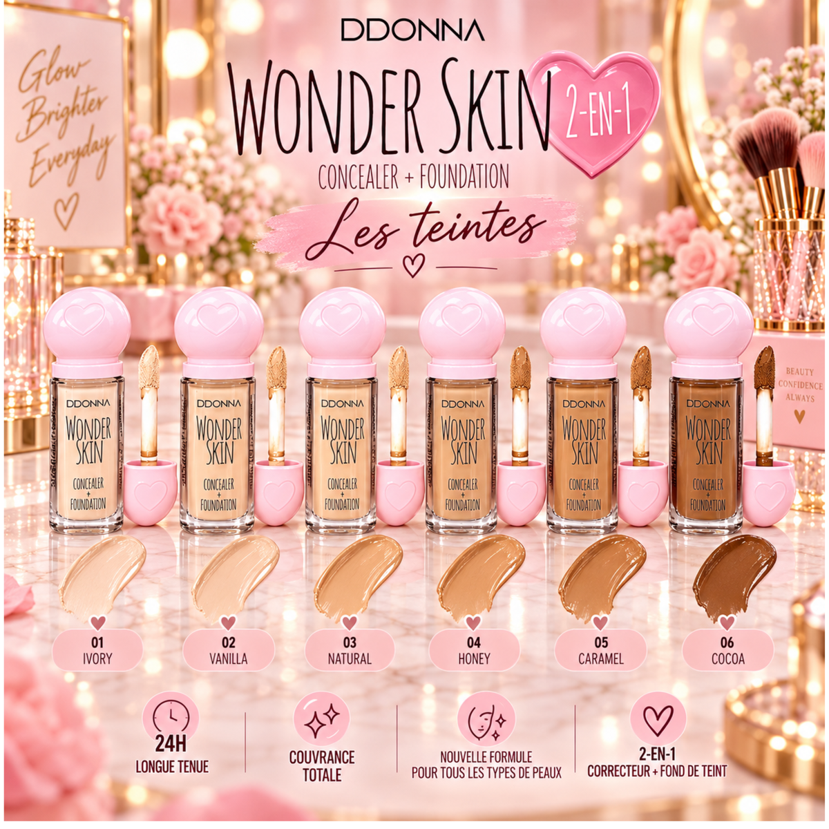 💗 Wonder Skin 2-en-1 – Fond de Teint & Anti-Cernes Haute Couvrance 24H – D’Donna