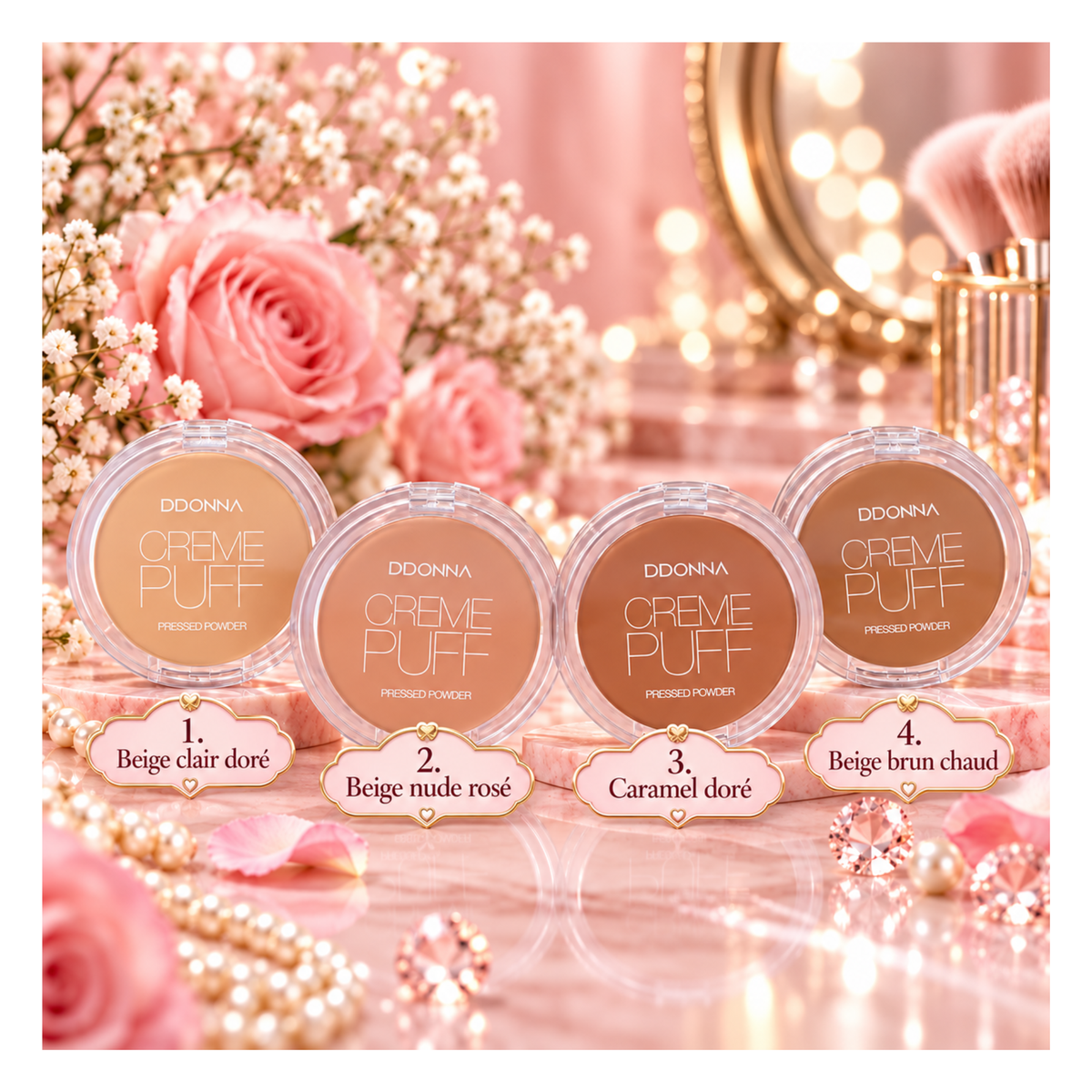 💗 Poudre Compacte Fond de Teint Crème Puff – D’Donna – 4 Teintes