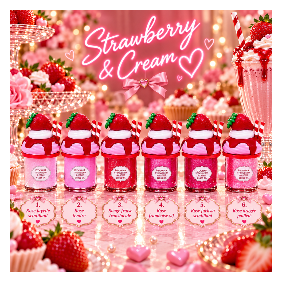 🍓💖 Gloss Oil Strawberry & Cream – D’Donna – 6 Teintes