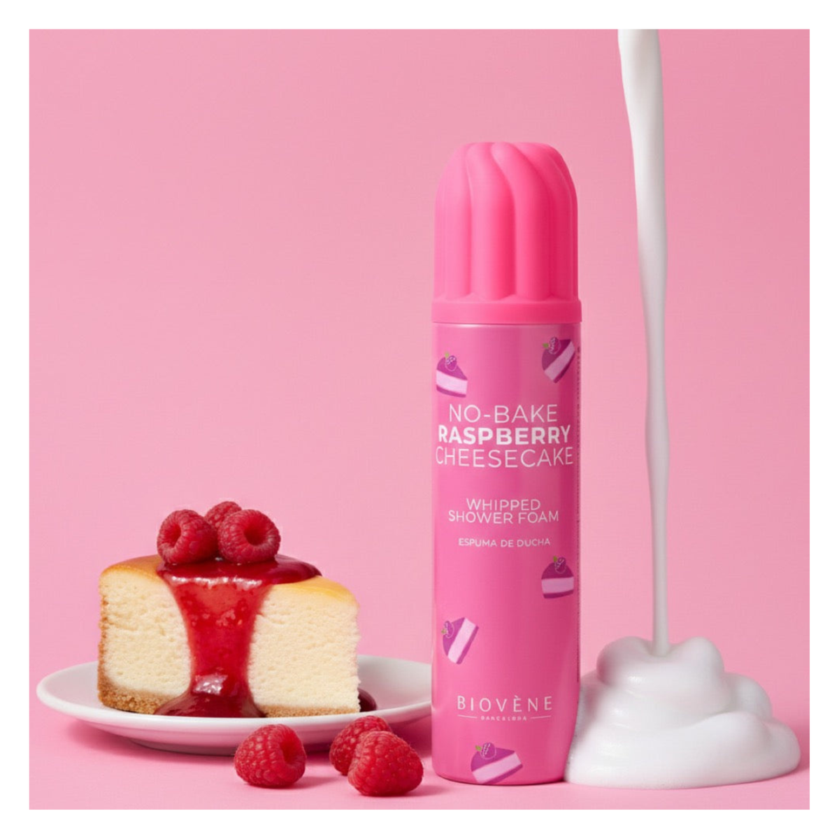 🍰🩷 Mousse de Douche Fouettée Raspberry Cheesecake – Framboise & Vanille – Biovène Barcelona | 250 ml